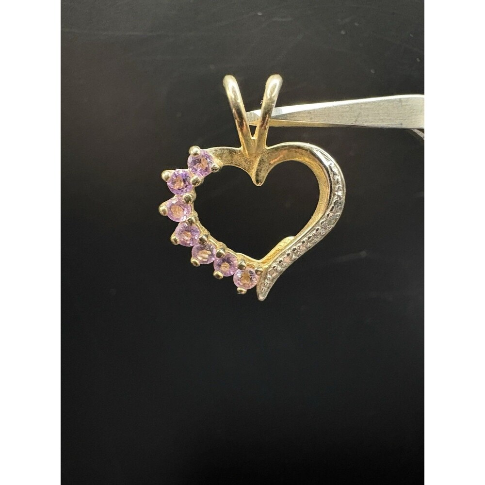 1.3g Sterling Silver 925 Gold Wash Amethyst & Diamond Heart Pendant Jewelry